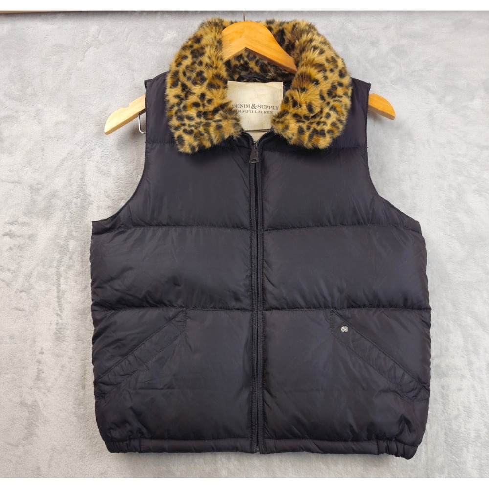 Denim & Supply Ralph Lauren Women Medium Black Puffer Vest Leopard Faux Fur Zip